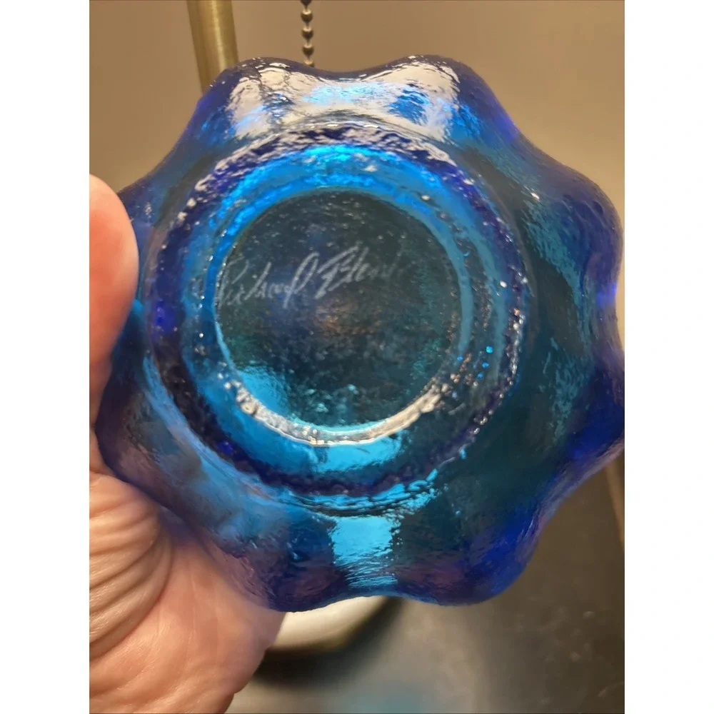 (2) VTG MCM BLENKO Art Glass Lotus Bowl‎ Blue Signed  2002 Richard Blenko - Picture 5 of 15